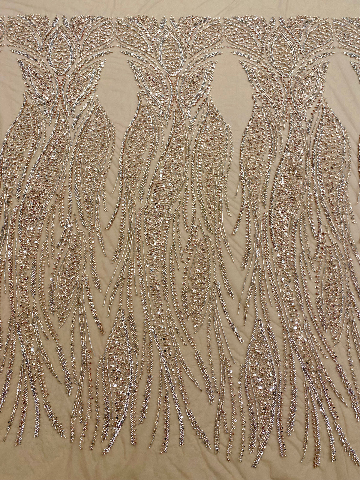 Dantela Couture Auriu Rose cu Panou, cu Perle, Margele si Paiete