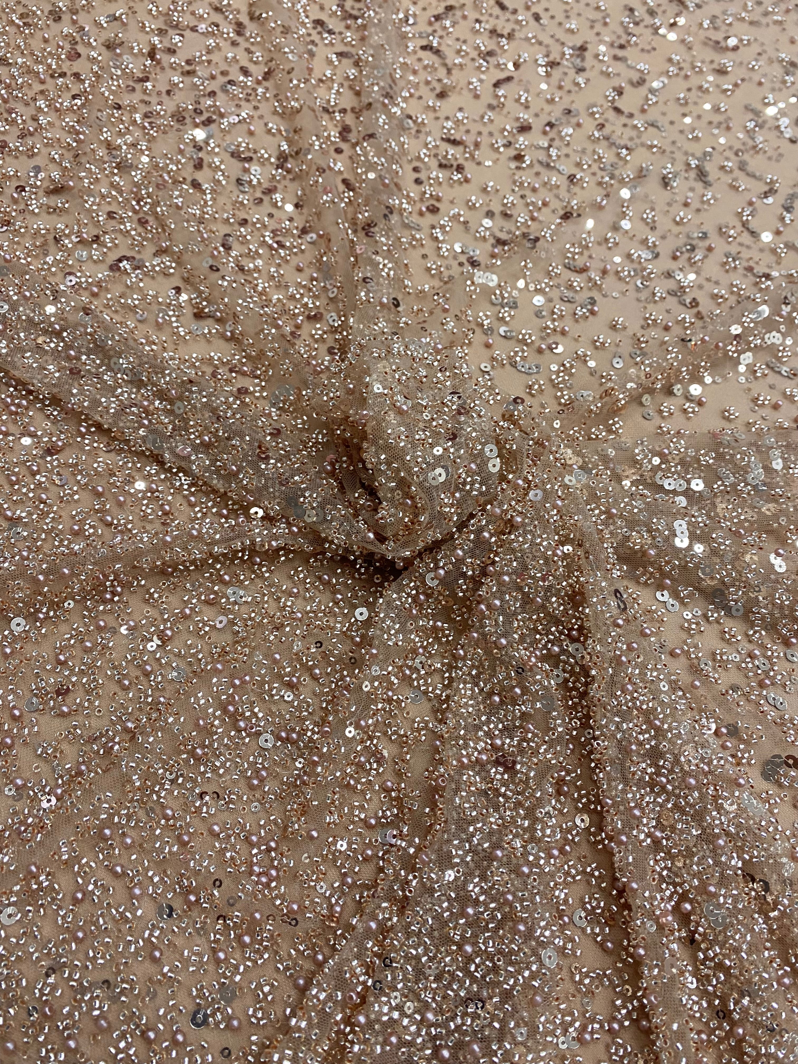 Dantela Couture Auriu Rose in Degrade, cu Perle, Margele si Paiete