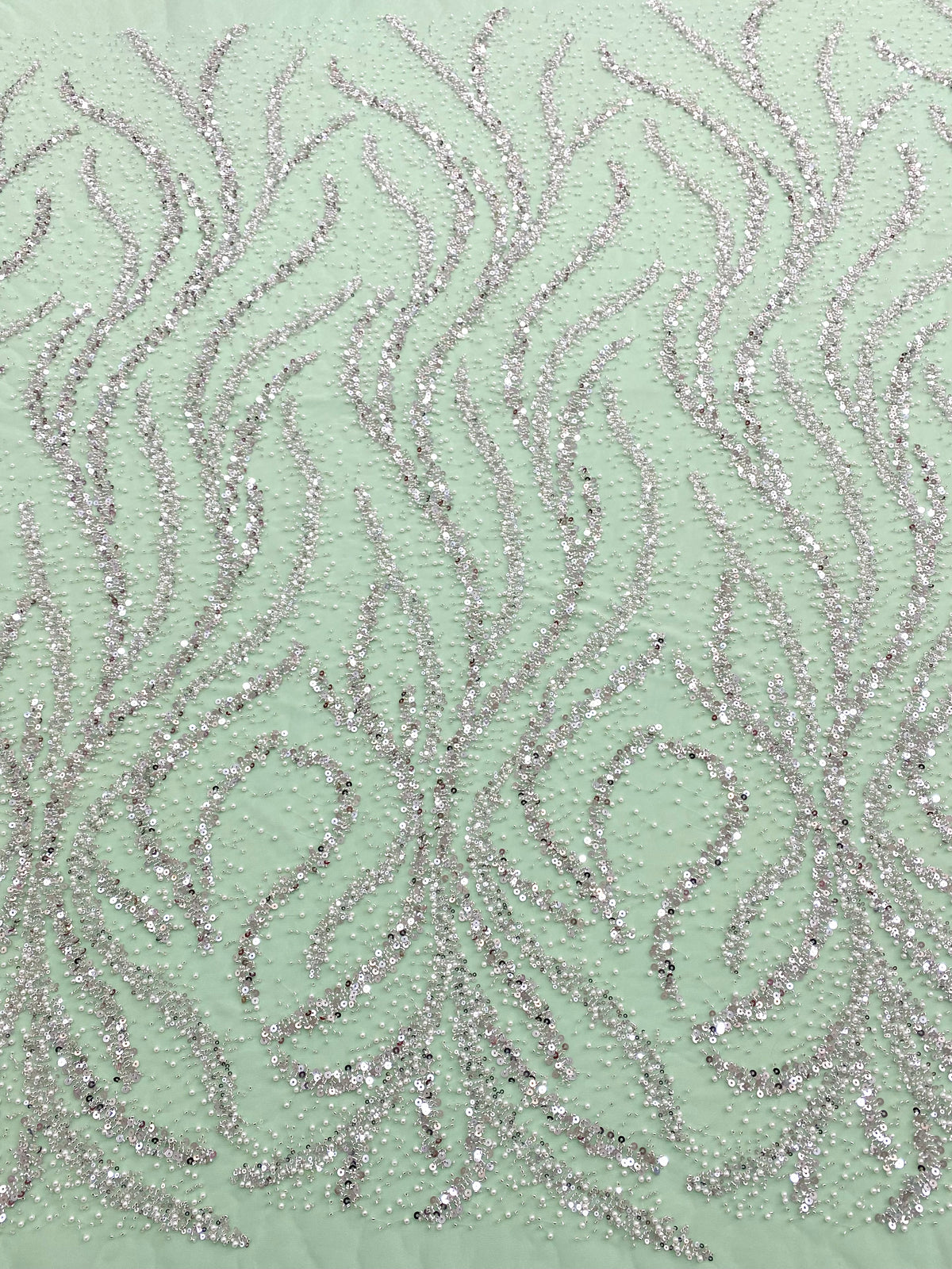 Dantela Couture Argintie pe Tulle Verde Menta cu Perle, Margele si Paiete