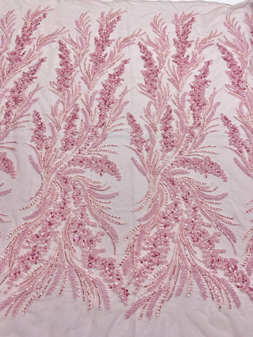 Dantela Couture Roz cu Model Floral cu Perle, Margele si Paiete