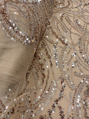 Dantela Couture Auriu Rose cu Model Geometric, Margele si Paiete