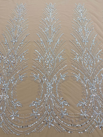 Dantela Couture Argintie cu Tulle Nude cu Panou, cu Perle, Margele si Paiete