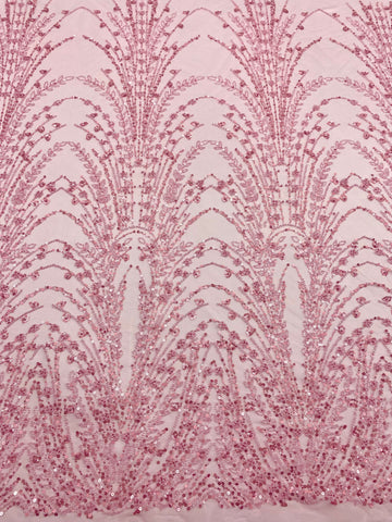 Dantela Couture Roz cu Model Geometric, cu Perle, Margele si Paiete