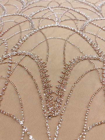 Dantela Couture Auriu Rose cu Model Geometric, cu Perle, Margele si Paiete