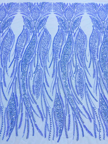 Dantela Couture Sky Blue cu Panou, cu Perle, Margele si Paiete