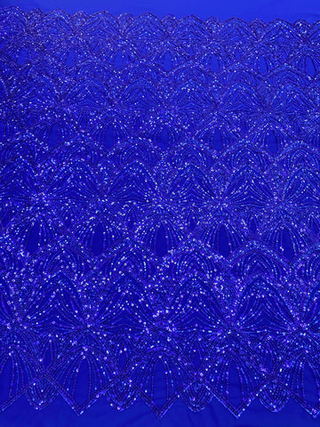 Dantela Couture Albastru Royal cu Model Geometric, cu Perle si Margele