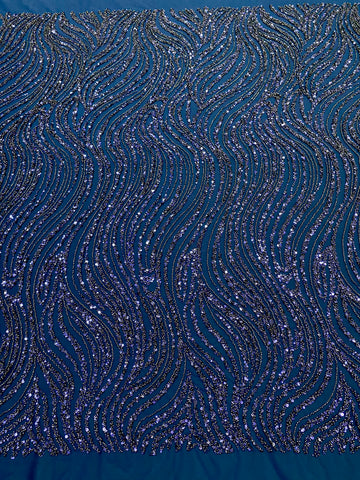 Dantela Couture Bleumarin cu Model Liniar, cu Margele si Paiete
