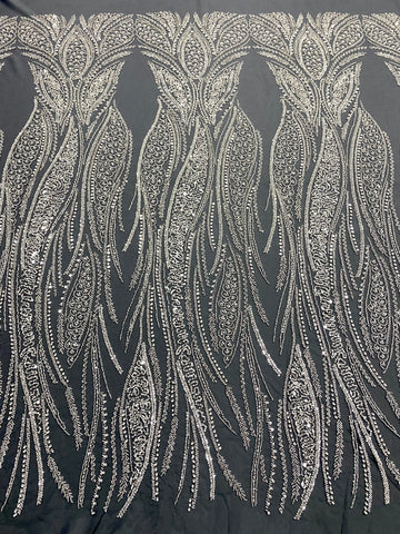 Dantela Couture Argintie pe Tulle Antracit cu Panou, cu Perle, Margele si Paiete