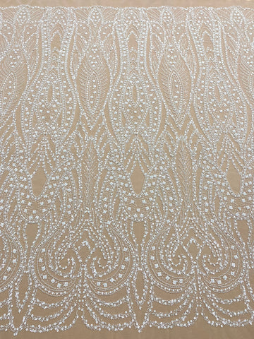 Dantela Couture Ivory cu Model Geometric, cu Perle, Margele si Paiete