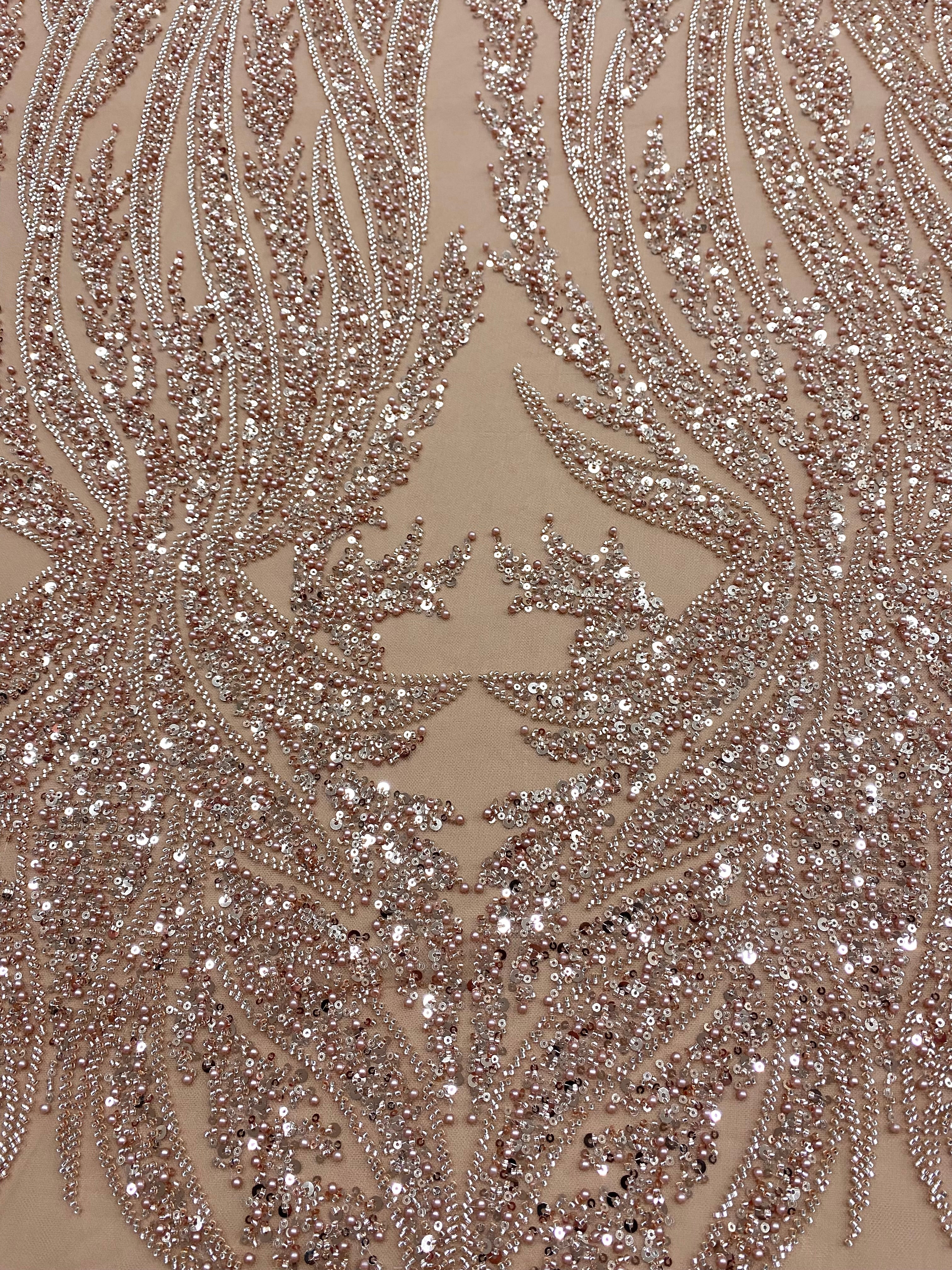 Dantela Couture Auriu Rose cu Panou, cu Perle, Margele si Paiete