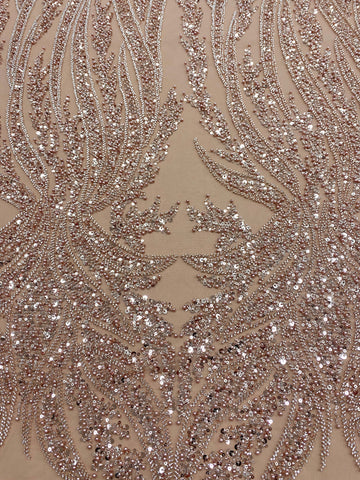 Dantela Couture Auriu Rose cu Panou, cu Perle, Margele si Paiete