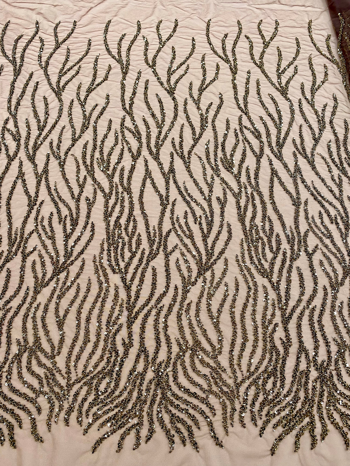 Dantela Couture Auriu Antic Siraguri, cu Margele si Paiete