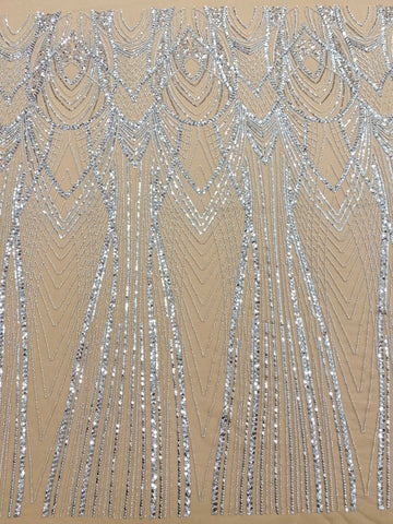 Dantela Couture Argintie pe Tulle Nude cu Panou, cu Margele si Paiete