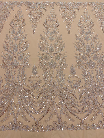 Dantela Couture Auriu Rose cu Model Floral, cu Margele si Paiete