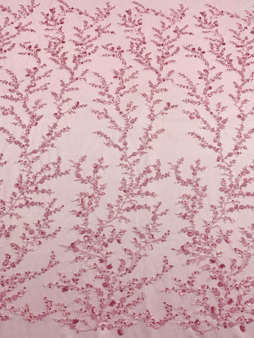 Dantela Couture Roz cu Model Floral, cu Margele si Paiete