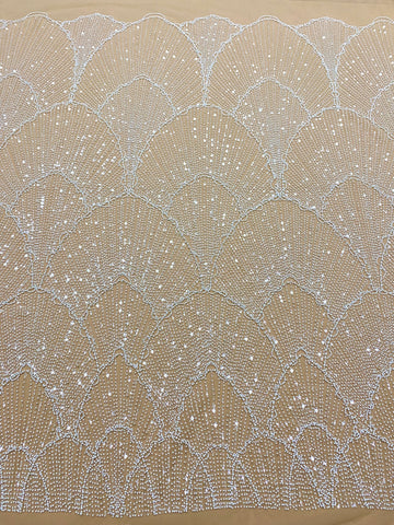 Dantela Couture Ivory cu Tulle Nude cu Model Geometric, cu Perle, Margele si Paiete
