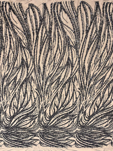 Dantela Couture Neagra cu Model Geometric, cu Perle, Margele si Paiete