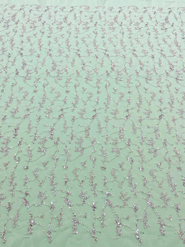 Dantela Couture Argintie pe Tulle Verde Menta cu Perle, Margele si Paiete