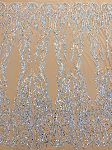 Dantela Couture Argintie pe Tulle Nude cu Panou, cu Margele si Paiete