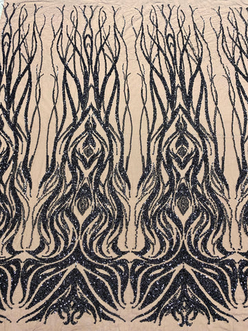 Dantela Couture Neagra cu Model Geometric, cu Perle, Margele si Paiete