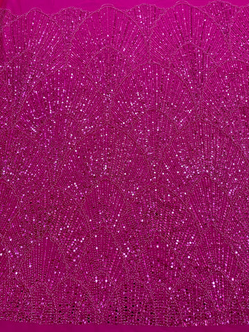 Dantela Couture Fucsia cu Model Geometric, cu Perle, Margele si Paiete