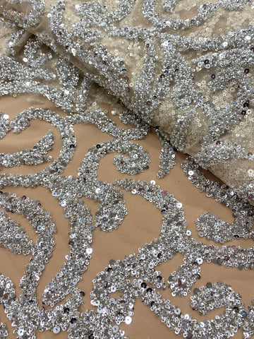 Dantela Couture Argintie pe Tulle Nude cu Margele si Paiete