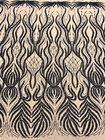 Dantela Couture Neagra cu Model Geometric, cu Margele si Paiete