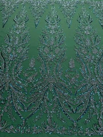 Dantela Couture Verde Smarald cu Model Floral, cu Margele si Paiete