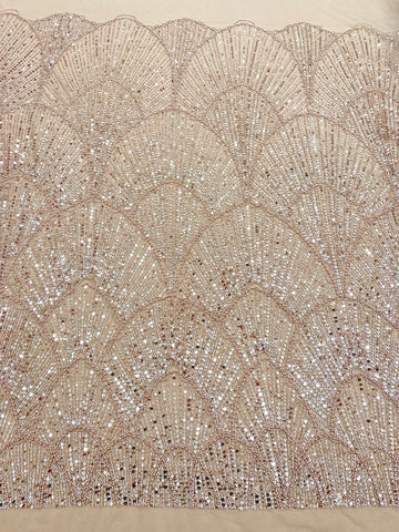 Dantela Couture Auriu Rose cu Model Geometric, cu Perle, Margele si Paiete
