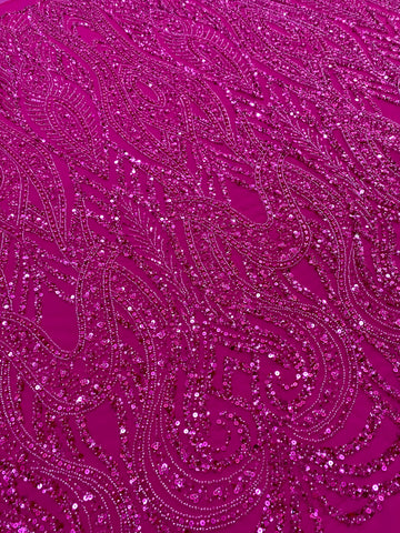 Dantela Couture Fucsia cu Model Geometric, cu Perle, Margele si Paiete