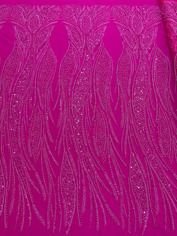 Dantela Couture Fucsia cu Panou, cu Perle, Margele si Paiete