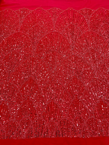 Dantela Couture Rosie cu Model Geometric, cu Perle, Margele si Paiete