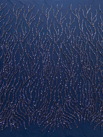 Dantela Couture Bleumarin cu Siraguri, cu Margele si Paiete