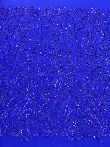 Dantela Couture Albastru Royal cu Model Geometric, Margele si Paiete