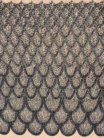 Dantela Couture Neagra cu Model Geometric, cu Perle, Margele si Paiete
