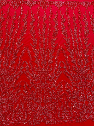 Piros Couture csipke geometriai mintával, gyöngyökkel, gyöngyöcskékkel és flitterekkel