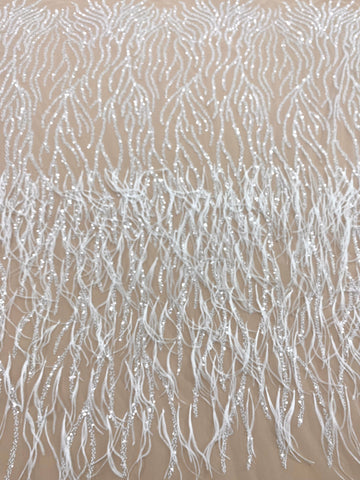 Dantela Couture Ivory cu Pene de Strut, cu Siraguri, cu Margele si Paiete