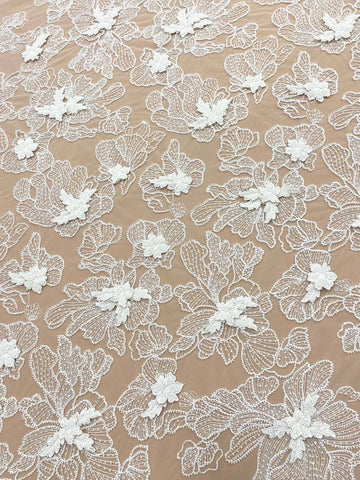 Dantela Couture 3D cu Flori Ivory, cu Margele si Paiete