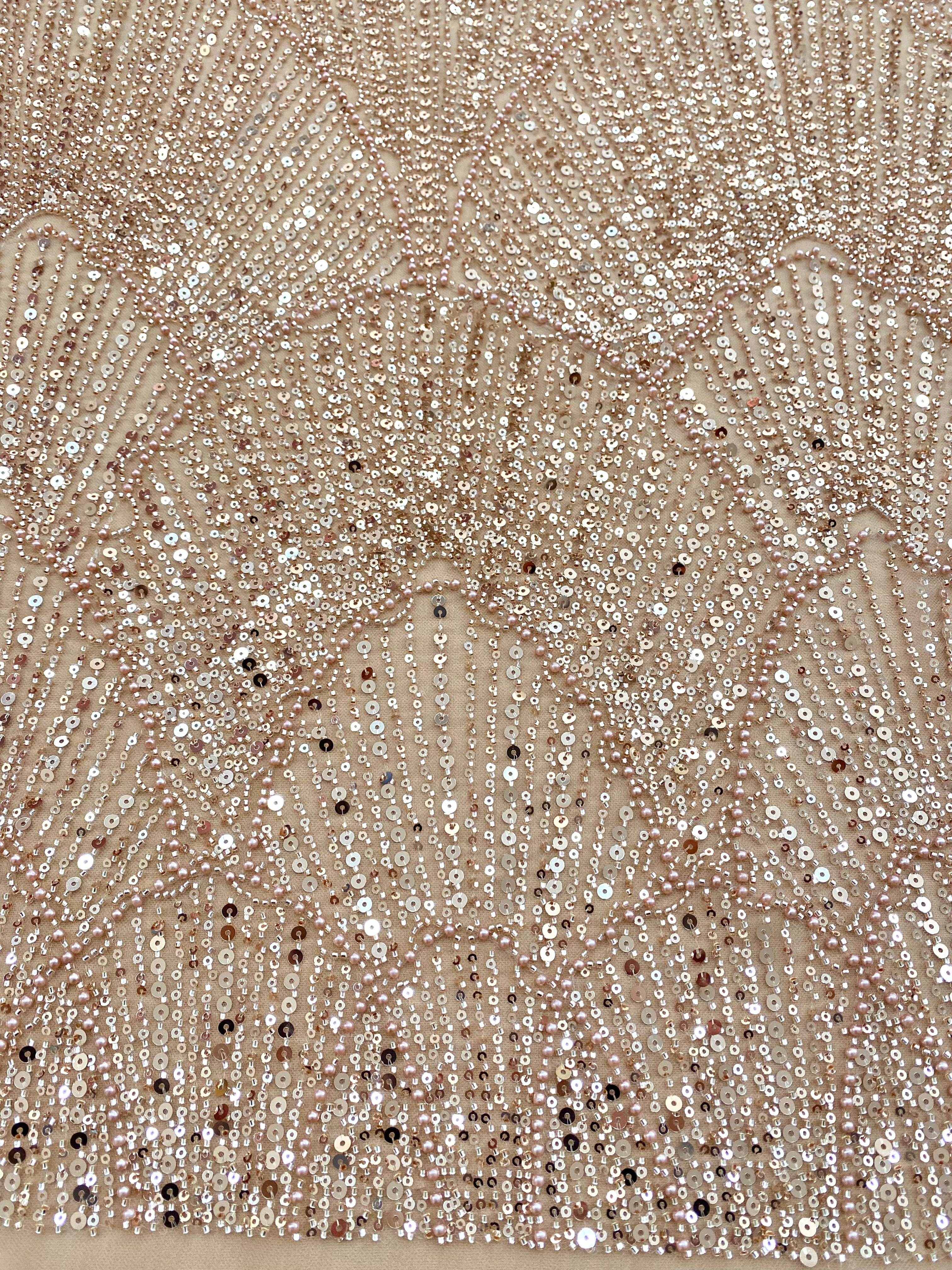 Dantela Couture Auriu Rose cu Model Geometric, cu Perle, Margele si Paiete