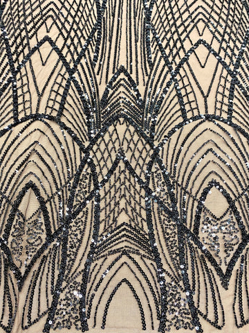 Dantela Couture Neagra cu Panou, cu Margele si Paiete