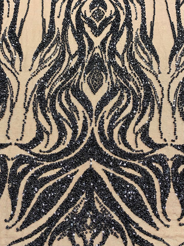 Dantela Couture Neagra cu Model Geometric, cu Perle, Margele si Paiete