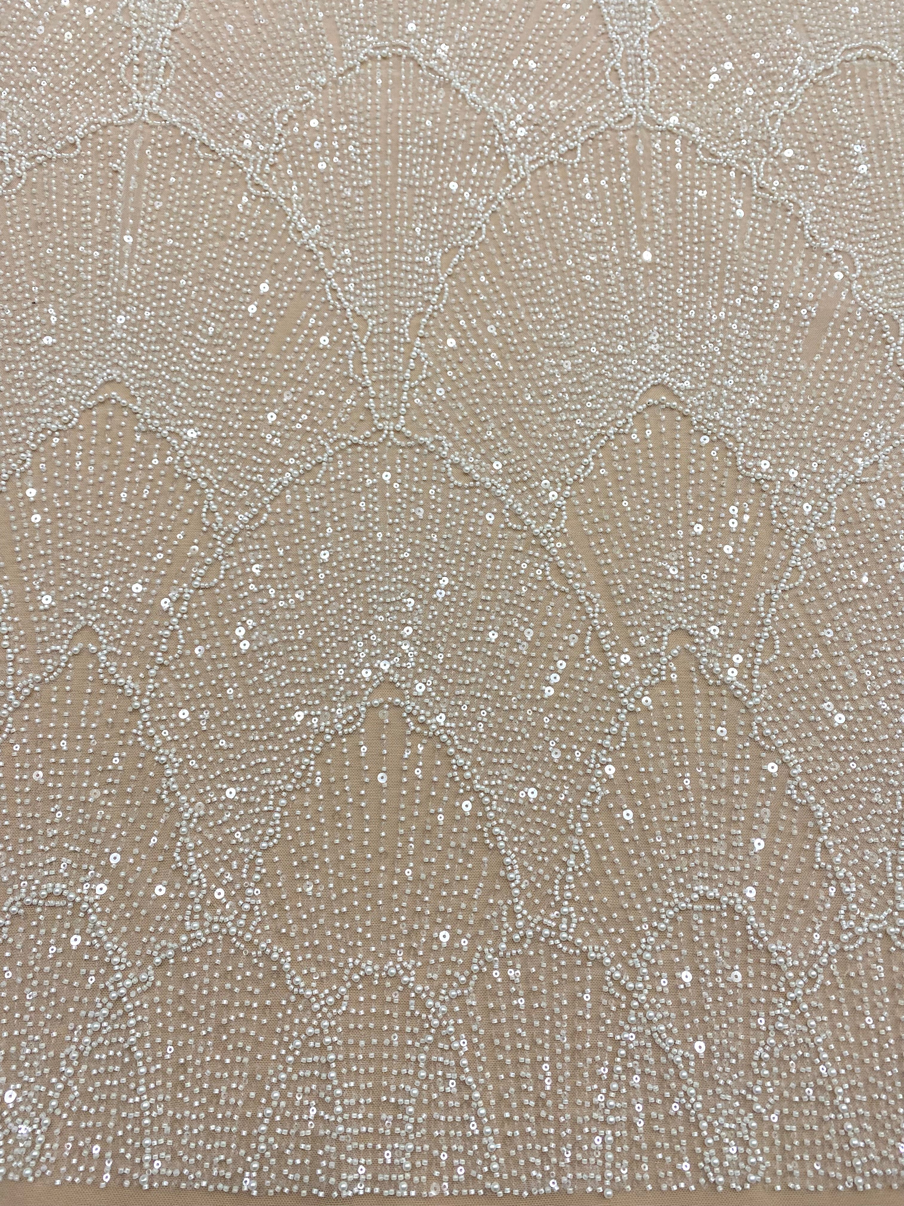 Dantela Couture Ivory cu Model Geometric, cu Perle, Margele si Paiete