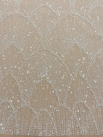 Dantela Couture Ivory cu Model Geometric, cu Perle, Margele si Paiete