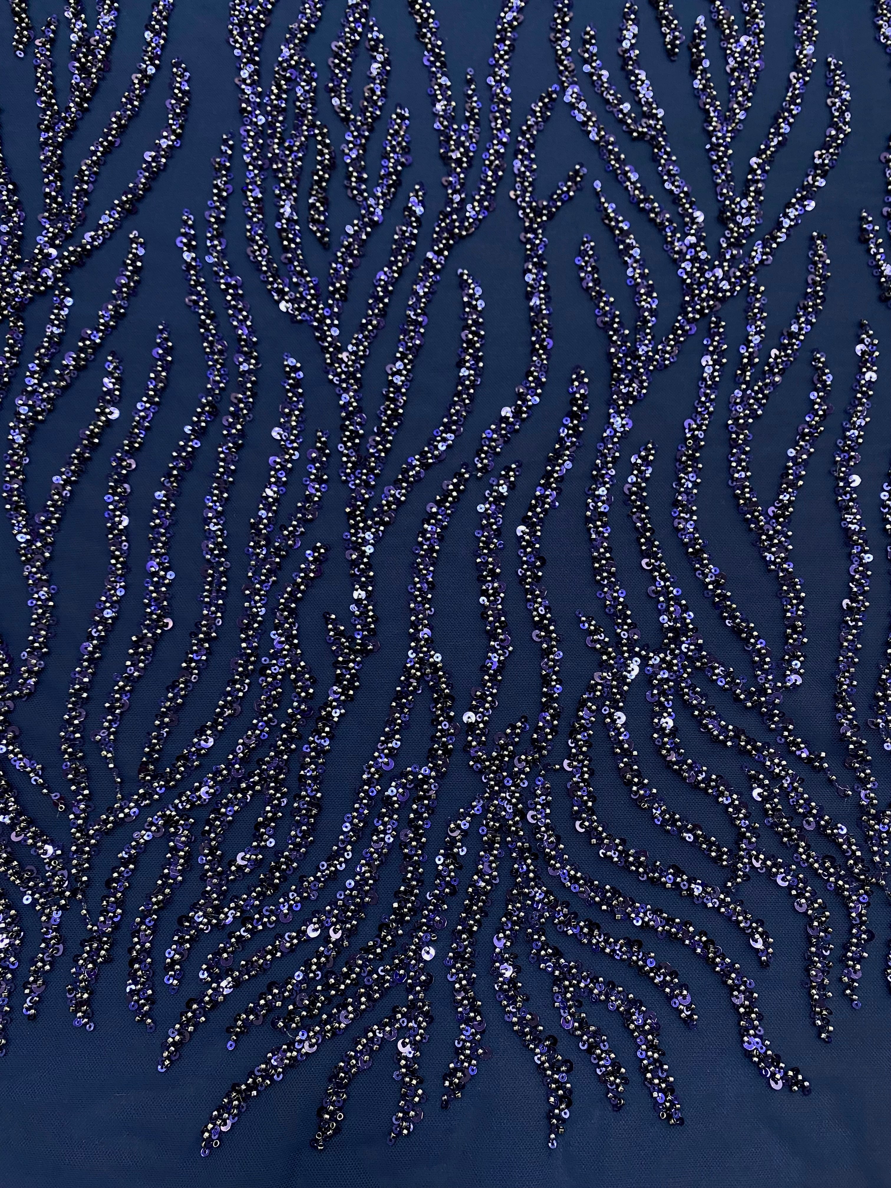 Dantela Couture Bleumarin cu Siraguri, cu Margele si Paiete