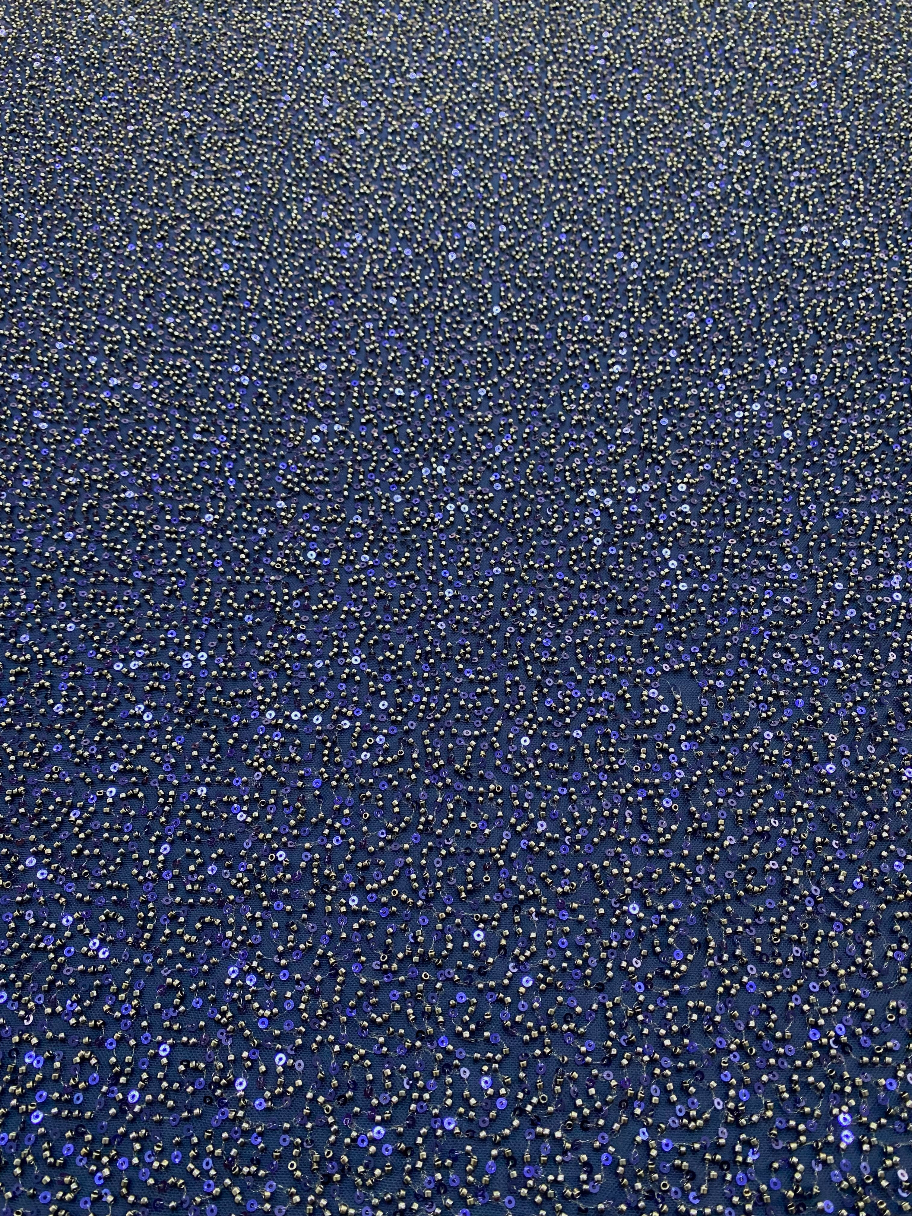 Dantela Couture Bleumarin cu Model General, cu Margele si Paiete