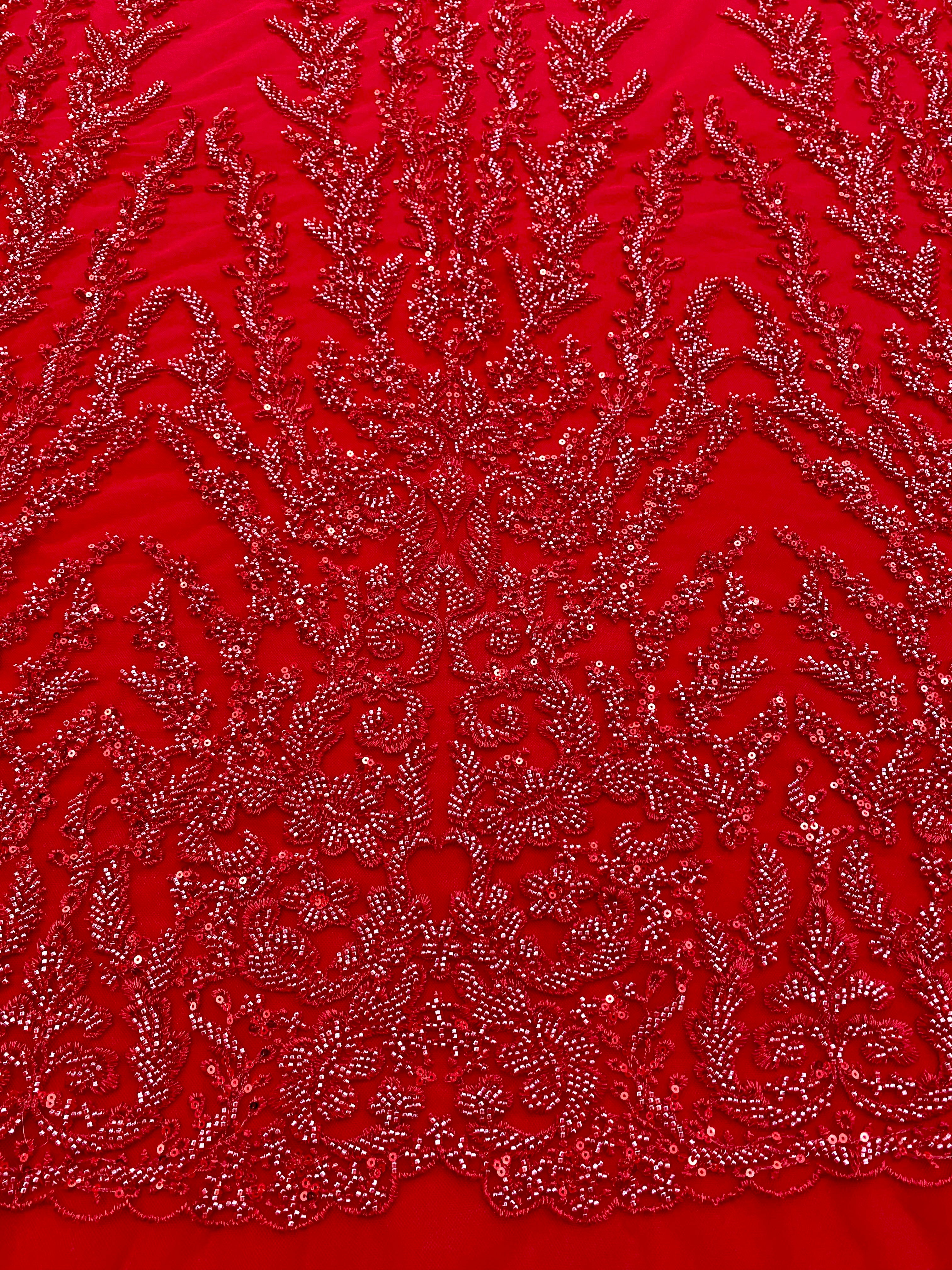 Piros Couture csipke geometriai mintával, gyöngyökkel, gyöngyöcskékkel és flitterekkel