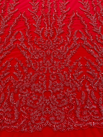 Piros Couture csipke geometriai mintával, gyöngyökkel, gyöngyöcskékkel és flitterekkel