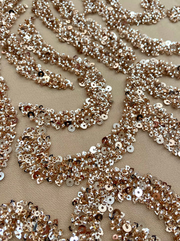 Dantela Couture Auriu Rose cu Model Geometric, cu Margele si Paiete