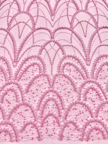 Dantela Couture Roz cu Model Geometric, cu Perle, Margele si Paiete