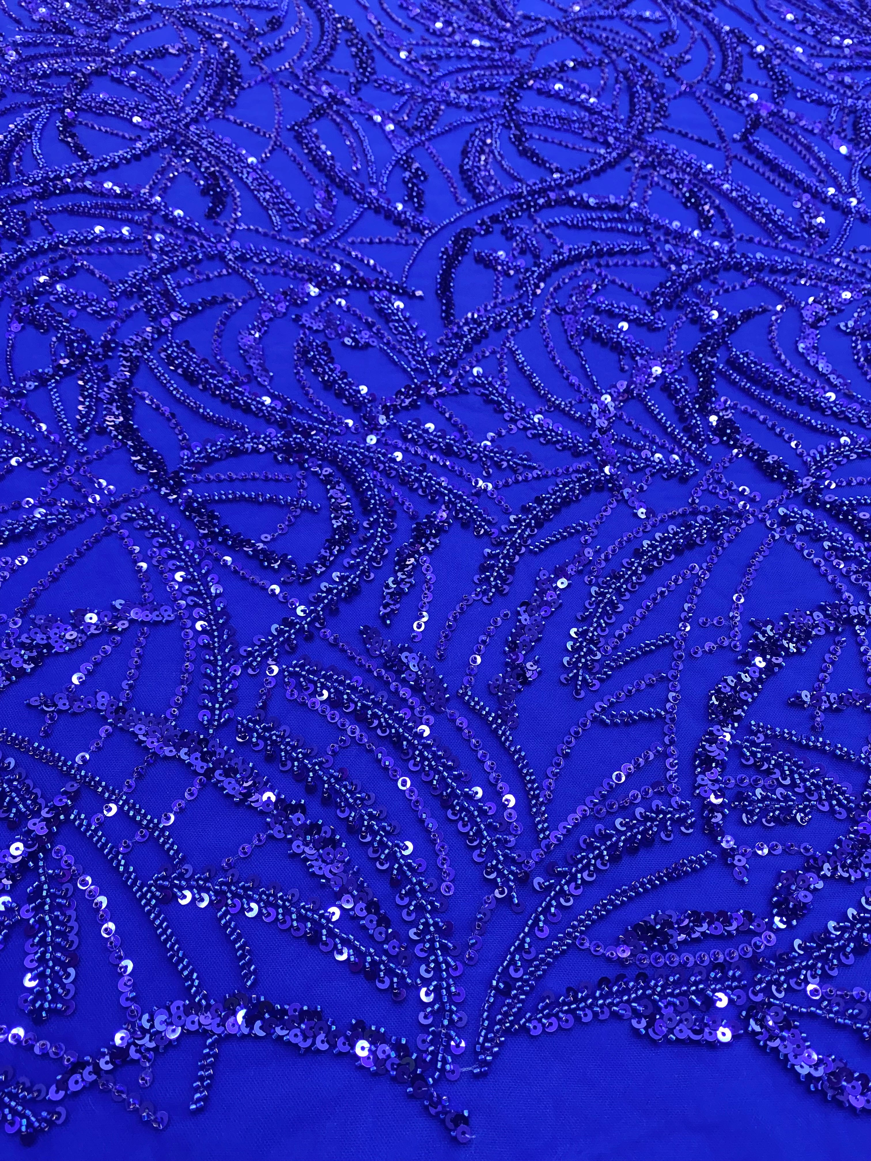 Dantela Couture Albastru Royal cu Model Geometric, Margele si Paiete